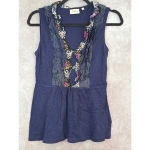 Deletta Anthropologie Navy Blue Floral Ruffle Sleeveless Peplum Top Womens Small
